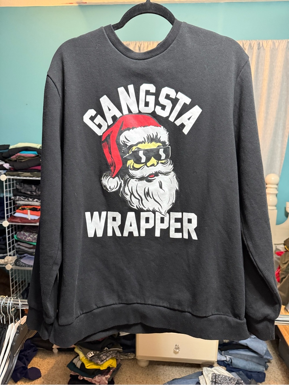 Novelty Time Gangsta Wrapper Santa Christmas Sweatshirt XL Black